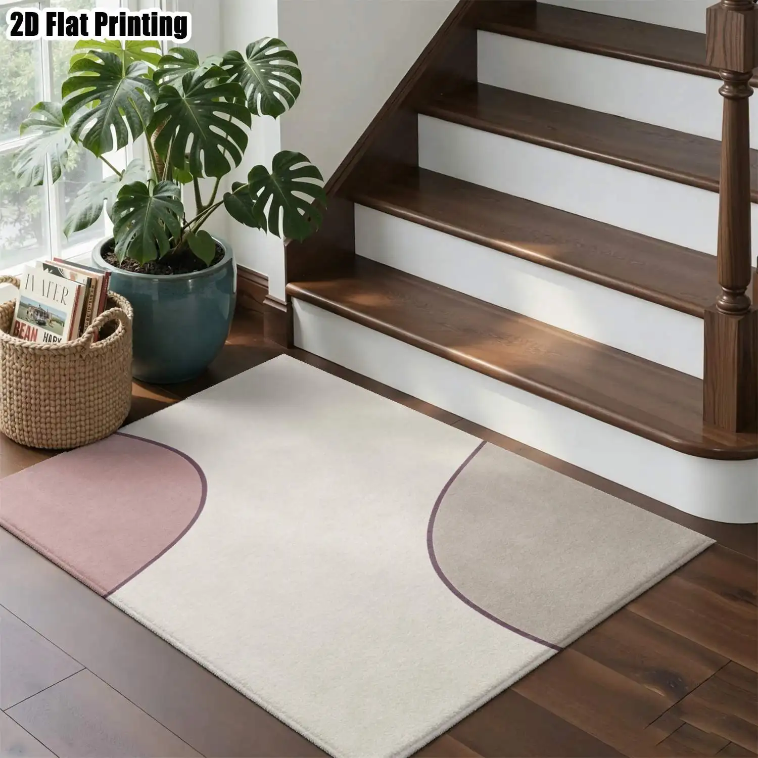 1Pc 2D Printed Pink&Gray Geometric Line Nordic Carpet, Instagram-Inspired Modern Minimalist Floor Mat, Home Decor, Multi-Size, Machine Washable, for Entrance/Dining/Foyer/Living/Bedroom