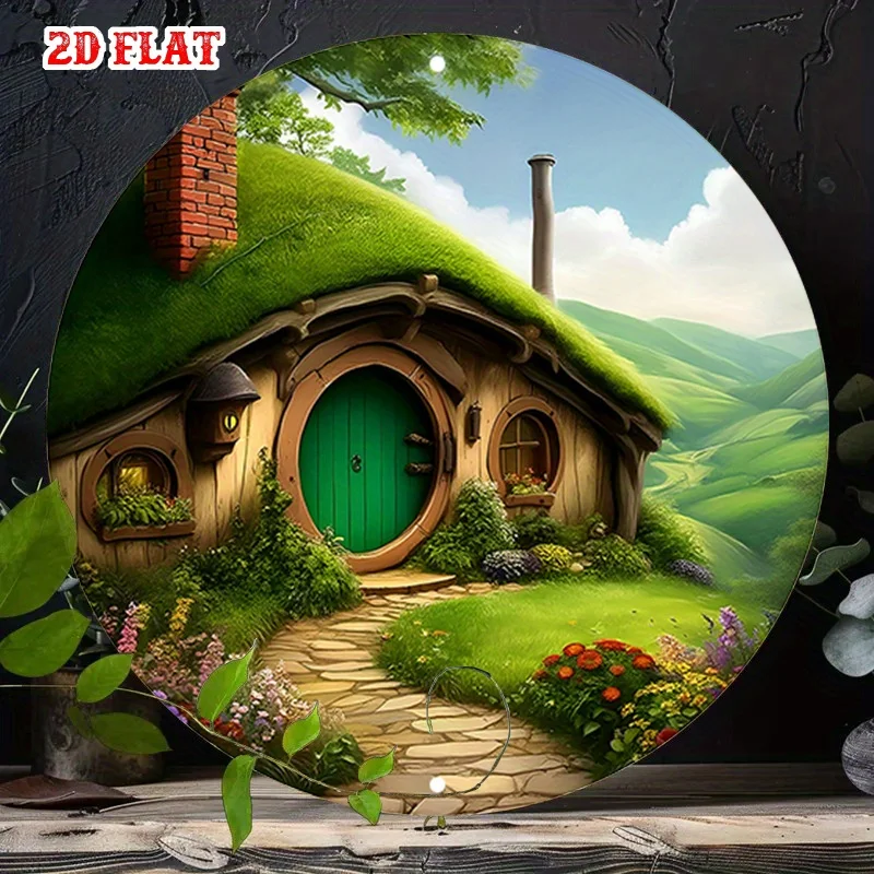 1pc Vintage Farmhouse Round Aluminum Wall Art - Quaint Cottage with Green Door, Garden & Lush Hills Landscape - 19.81x19.81 cm R