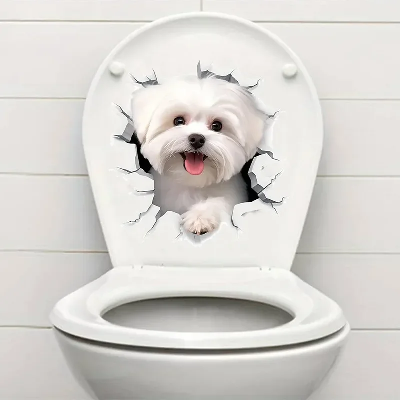 1 pegatina creativa 3D para inodoro de perro agrietado, adorable decoración de baño, arte autoadhesivo de pared, decoración de baño