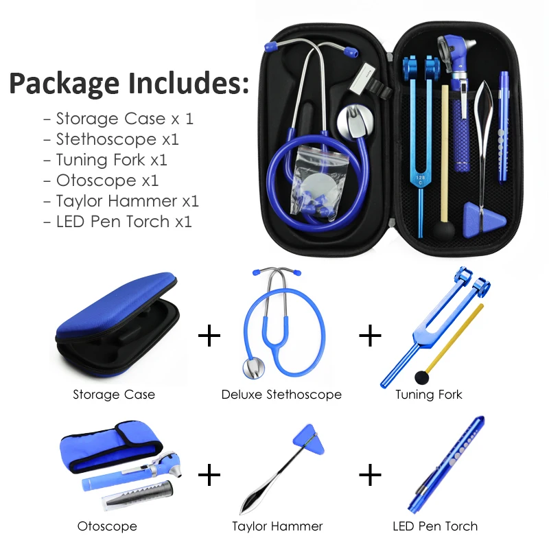 Blue Health Monitor Storage Pouch Accessory Package with Medical Doctor Stethoscope Tuning Fork Reflex Hammer LED Penlight Tool