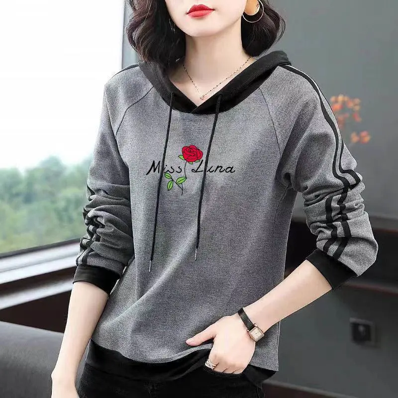 Women\'s Clothing Letter Printed Floral Sweatshirts Spring Autumn Casual Hooded Drawstring Chic Bright Line Decoration Pullovers