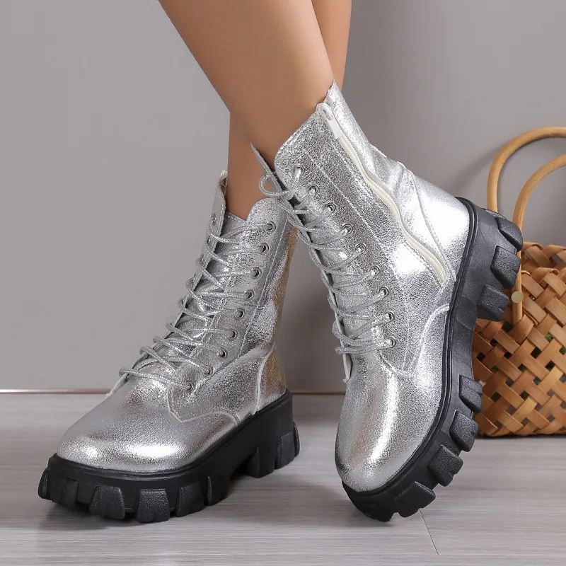 Winter Silver Crystal Thick Sole Ankle Boots Women\'s Gothic Thick Sole Motorcycle Boots Women\'s Luxury Rhinestone Punk Shoes