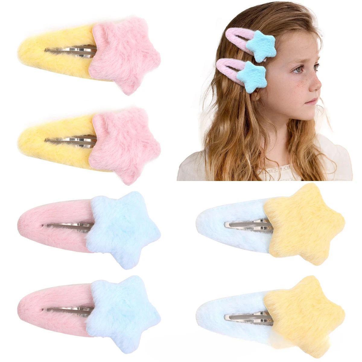 

Japanese and Korean plush five-pointed star colorful hairpins cute dopamine girls forehead crushed hair duckbill clip headwear