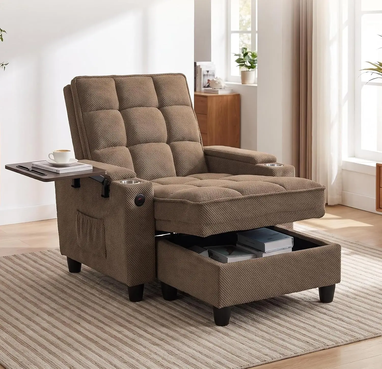 6-Position Adjustable Convertible Chaise Lounge Sleeper Chair with Storage, Modern Recliner Armchair with Swivel Tray Table & US