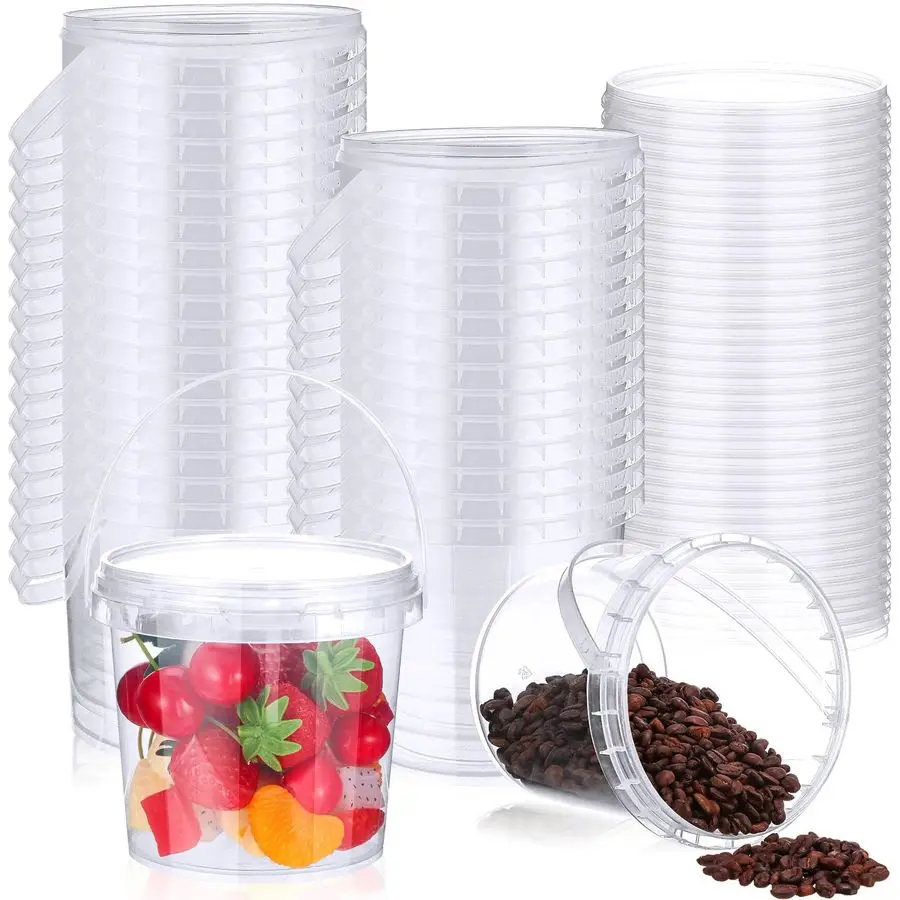 

50 Pcs Food Clear Bucket Plastic Gallon Bucket Round Reusable Ice Cream Containers with Lids and Handles Airtight Clear Plastic