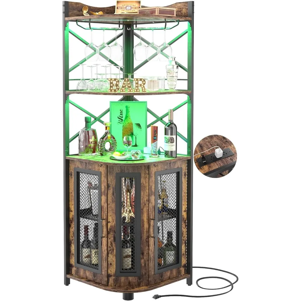 

Bar Cabinet With Power Outlet, Industrial Wine Cabinet With Led Strip And Glass Holder, 5-tiers Liquor Cabinet