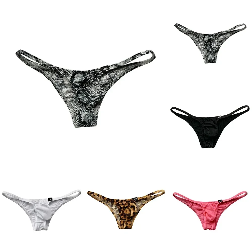 Fashion New Men Ultra-low Waisted Leopard Printed Ice Silk Thong Underwear Breathable Briefs Panties Solid Thin Men\'s Thongs