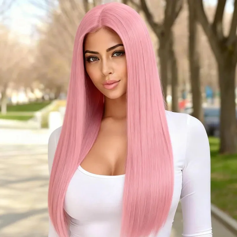 

28 inch pink straight synthetic wig for Halloween music festival cosplay, stylish and elegant design suitable for all women