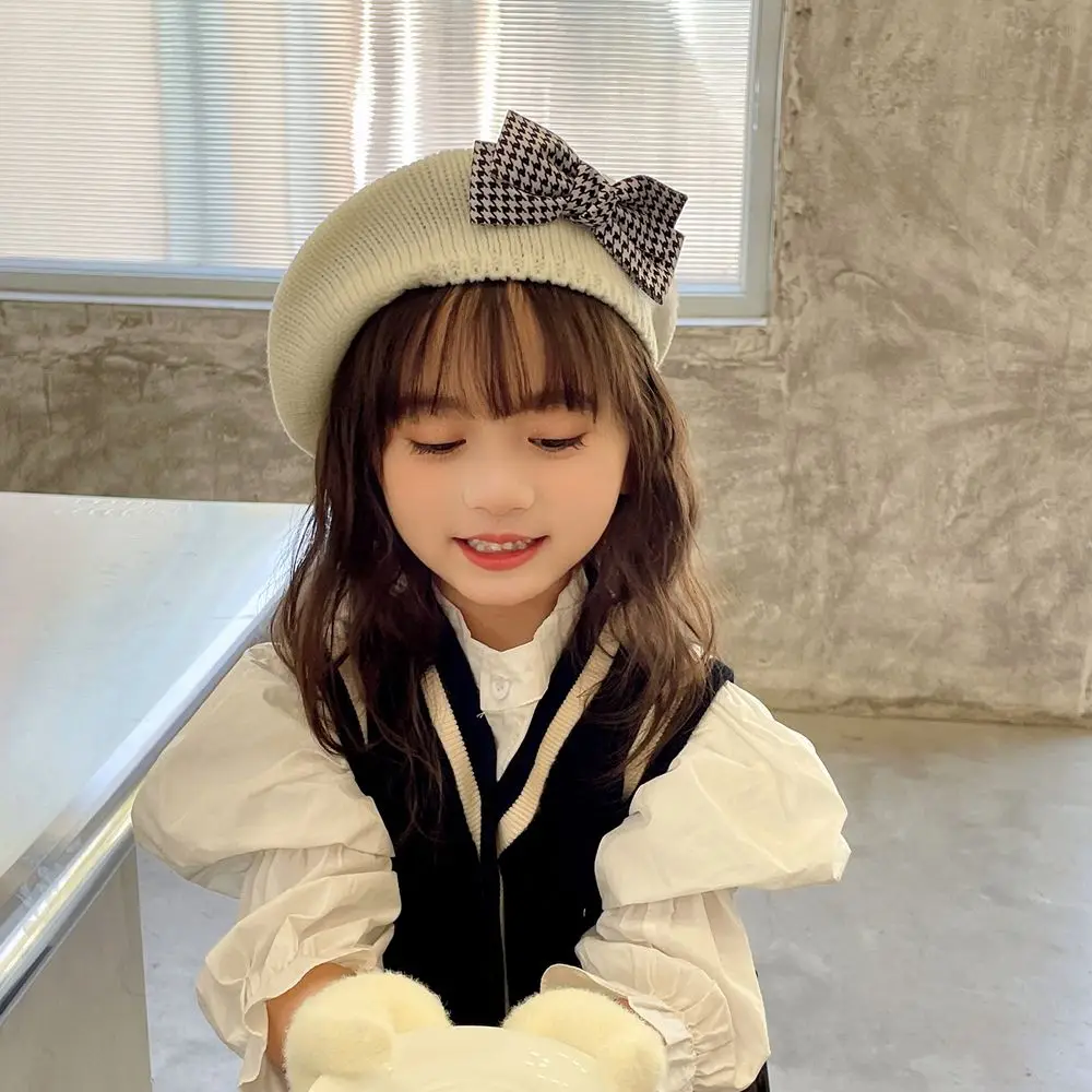 لطيف الطفل houndstooth متماسكة قبعة الكورية نمط قبعة الرسام قبعة قبعة تدفئة القوس فتاة قبعة الأطفال قفازات قبعات الأطفال #2