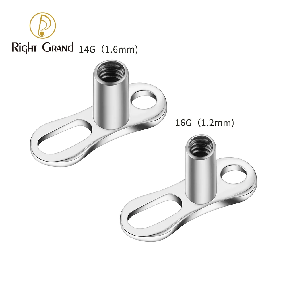 5pcs/lot Right Grand Base de âncora dérmica de titânio ASTM F136 (calibres 16G/14G) com 2 furos, rosca interna e elevação de 2 mm, para joias de piercing de superfície.