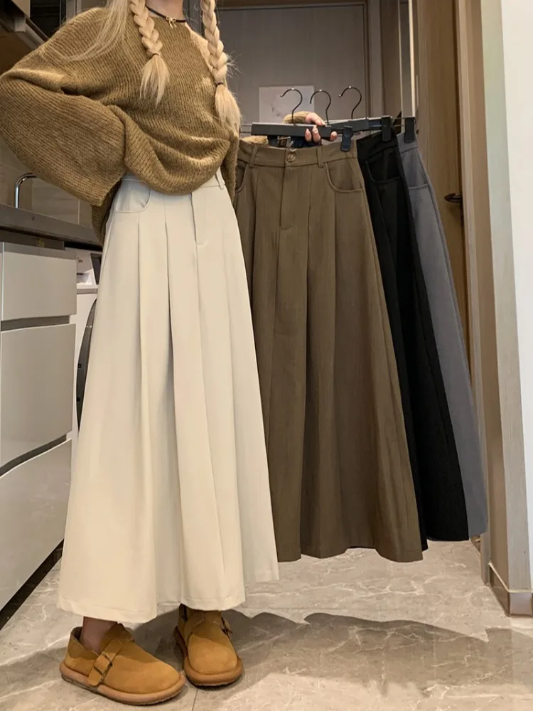 Spring 2025 New Korean Sle High Waist Apricot Pleated Mini Skirt Women's Versatile Slimming Black Suit A-Line Long Skirt