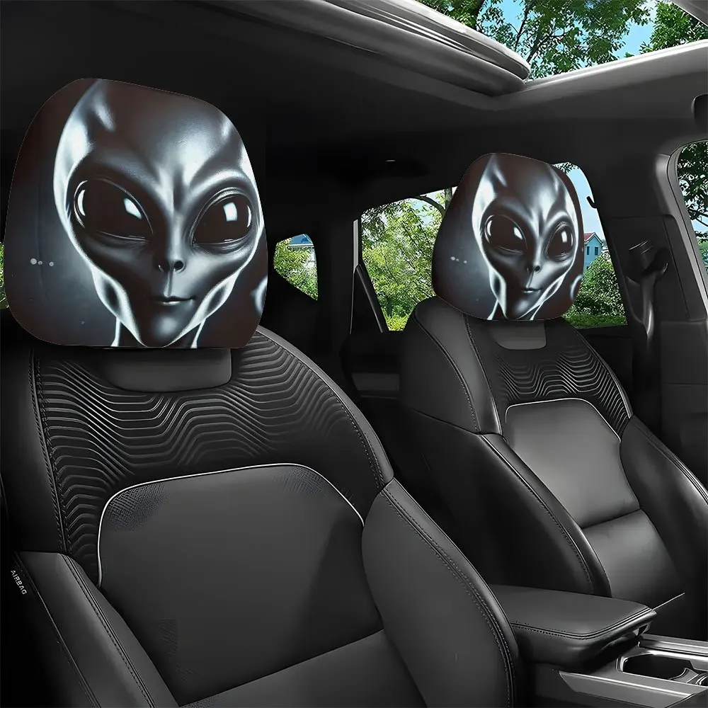 Futuristic Alien Pattern Car Headrest Covers 2Pcs Durable Washable Comfortable Neck Protection Stylish Auto Interior Decor Seat
