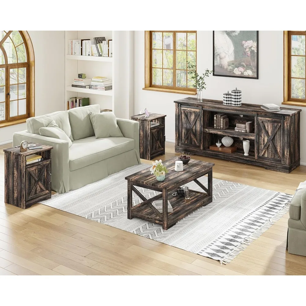 Farmhouse Style 4-Piece Furniture Set: Sliding Barn Door TV Console, Coffee Table, and Two End Tables with Charging Station