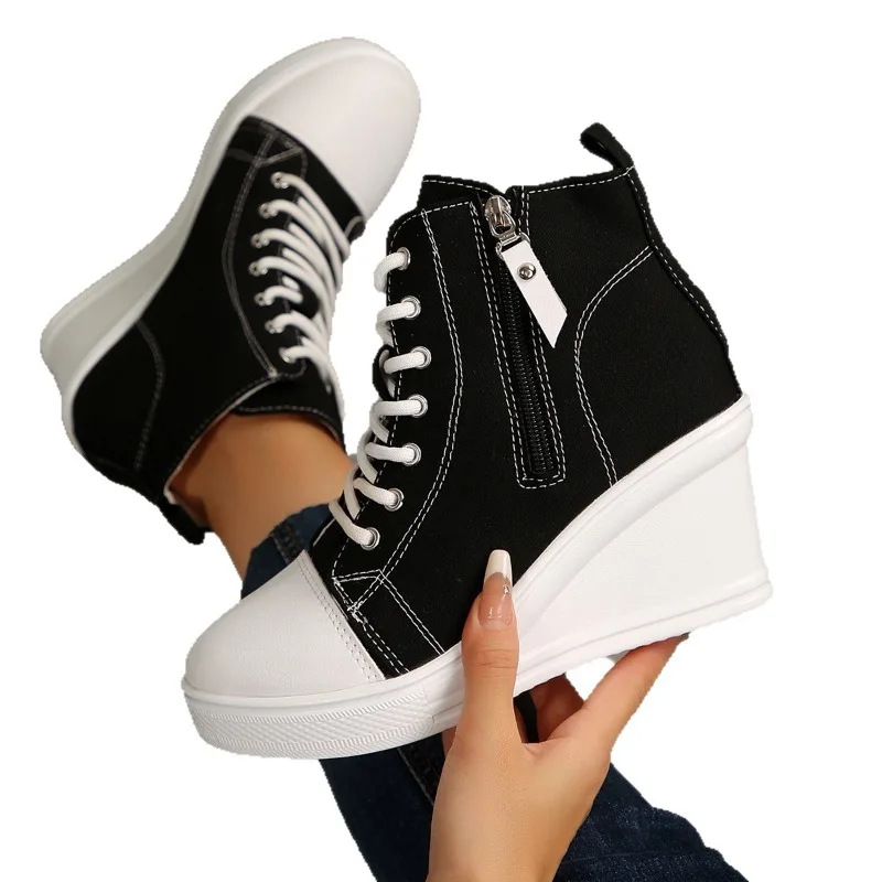 Scarpe da ginnastica da donna primavera autunno stringate con aumento di altezza scarpe di tela casual da donna alte con zeppa scarpe da ginnastica con plateau moda donna
