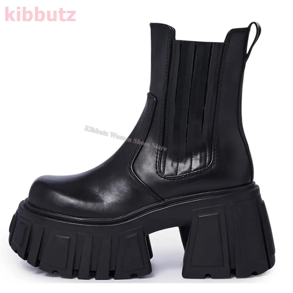 

Motorcycle Ankle Boots Round Toe Thick Bottom Genuine Leather Solid Color Black Slip-On Fashion Elegant Concise Women Shoes New