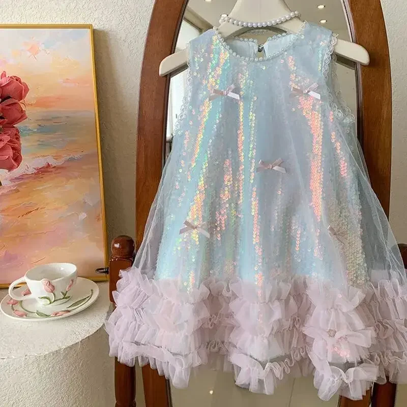 

Girls' Dress Summer 2026 New Children's Butterfly Sequin Vest Dress Baby Birthday Princess Dress