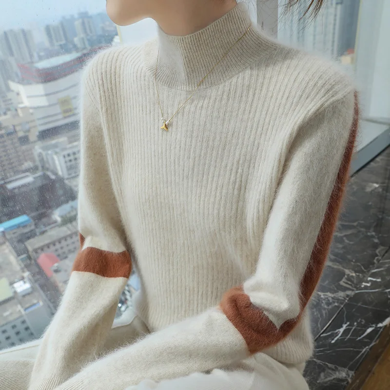 2024 Winter Ladies Turtleneck Mink Cashmere Sweater Women's Patchwork Color Base Knitwear Exquisite Super Warm Long Sleeve Top