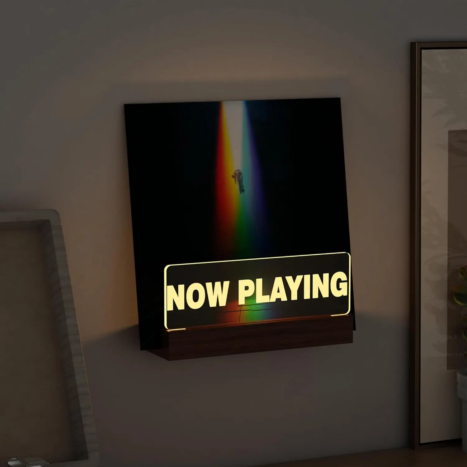 

Light Up Now Playing Vinyl Record Stand Wall Mount, Wooden Acrylic Holder for Album Display with Warm White Lights