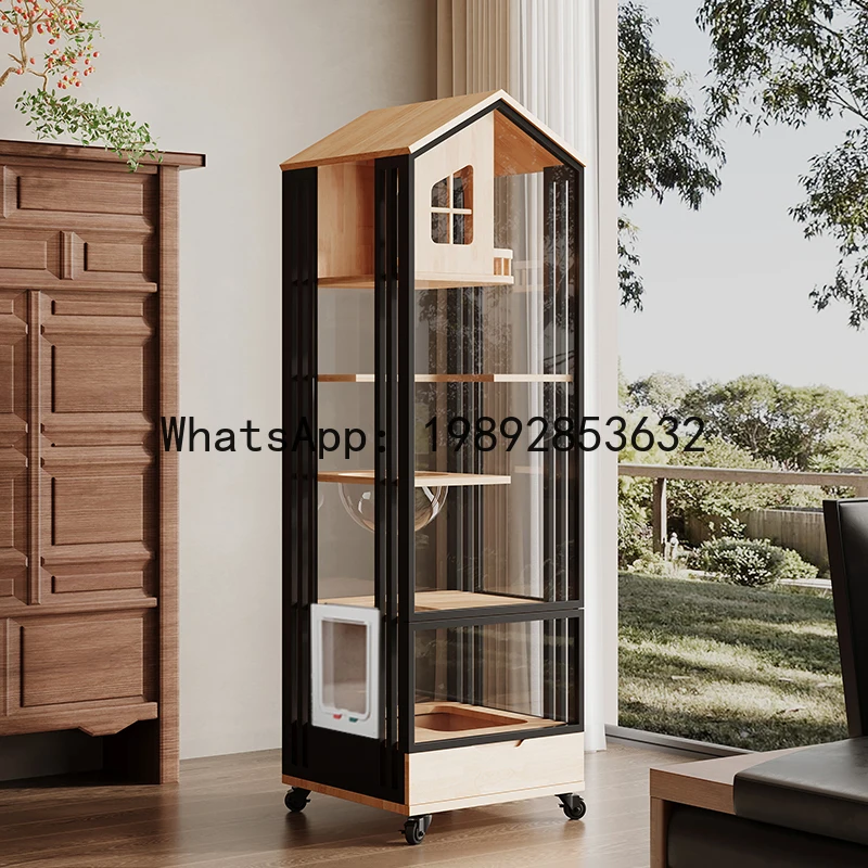 Solid Wood Cat Villa for Home Use, Indoor Small Apartment, Space-Saving Cat Litter Box with Toilet