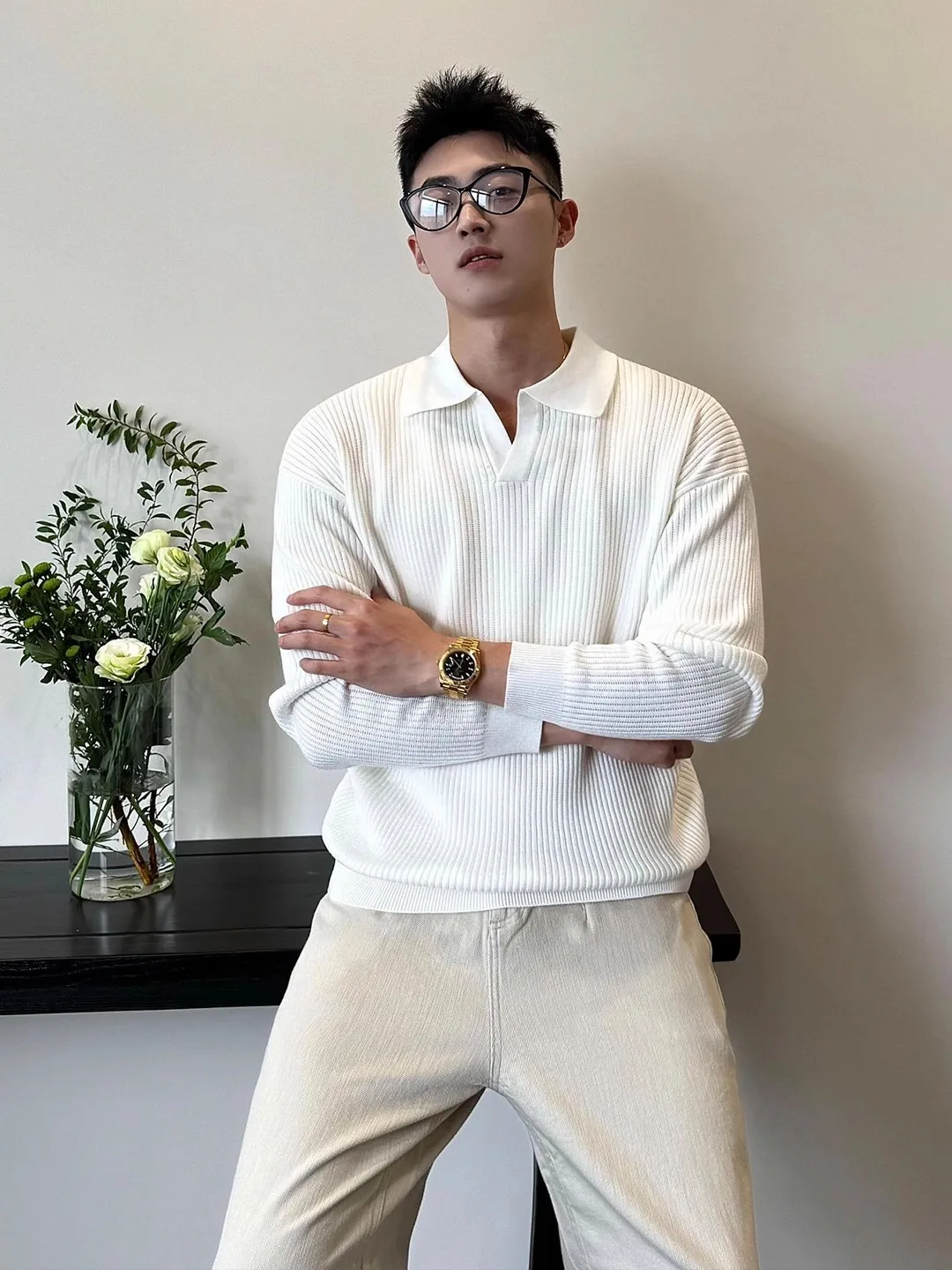 

Мужской вязаный свитер с V-образным вырезом, белый ребристый, осенний модный, Maturi Light, свободный крой, мягкая смесь полиэстера