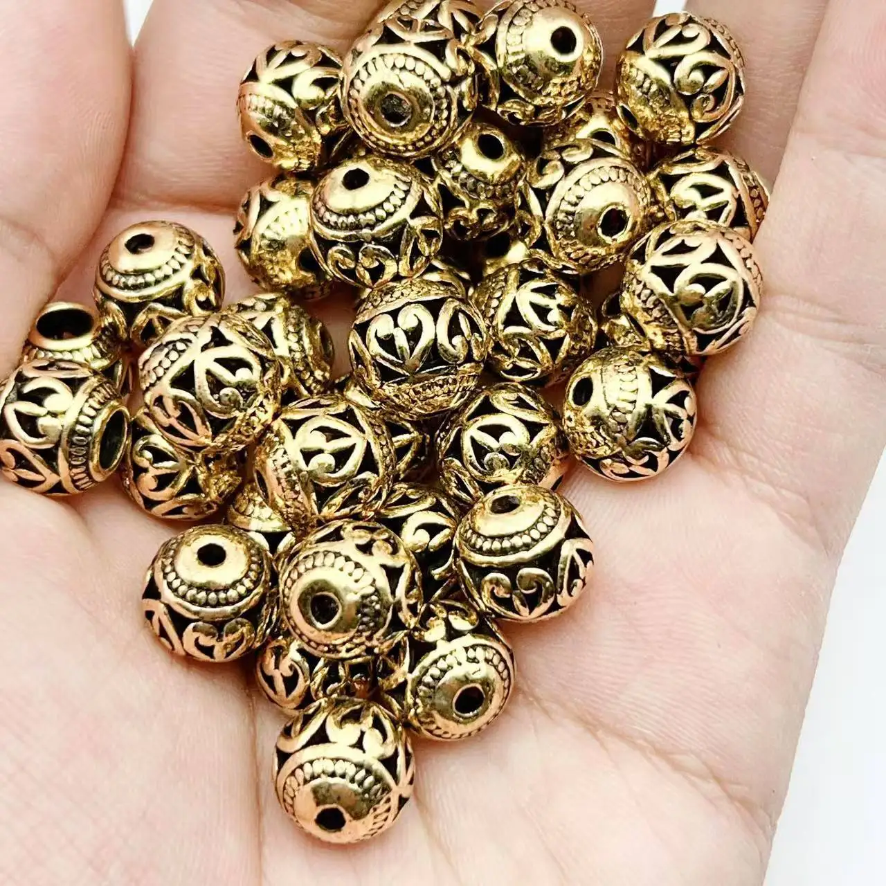 Juya 10 20 Stück/Lot 10 12mm Gravierte Perlen Hohl Antik Gold Silber Beschichtete Metallperlen für DIY Damen Herren Perlenarbeiten Schmuckherstellung – Detail 19