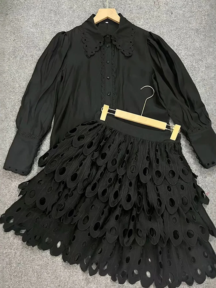 Spring 2025 new two-piece single-breasted long-sleeved shirt+high waist A-shaped hollow water-soluble lace skirt fashion suit