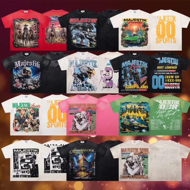 Drop Shipping Y2K MAJESTIK Tshirt Men Women Vintage Hiphop Streetwear Hot Drill Worn Out Graffiti Print Cotton Short Sleeve Tops