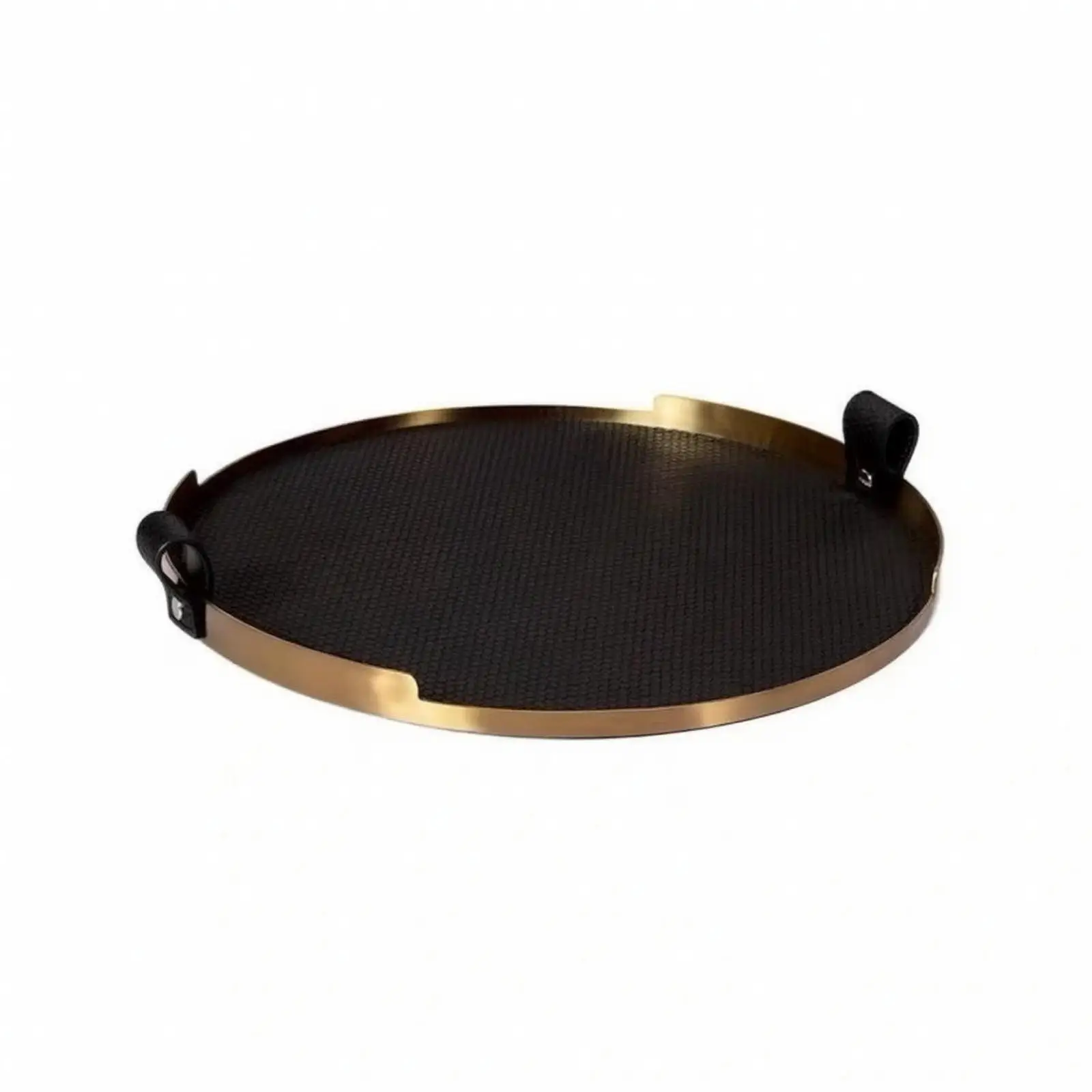 Elegant Round Tray with Metal Rim | Shallow Low-Profile Design, Leather Tray with Side Grips, for Coffee Table