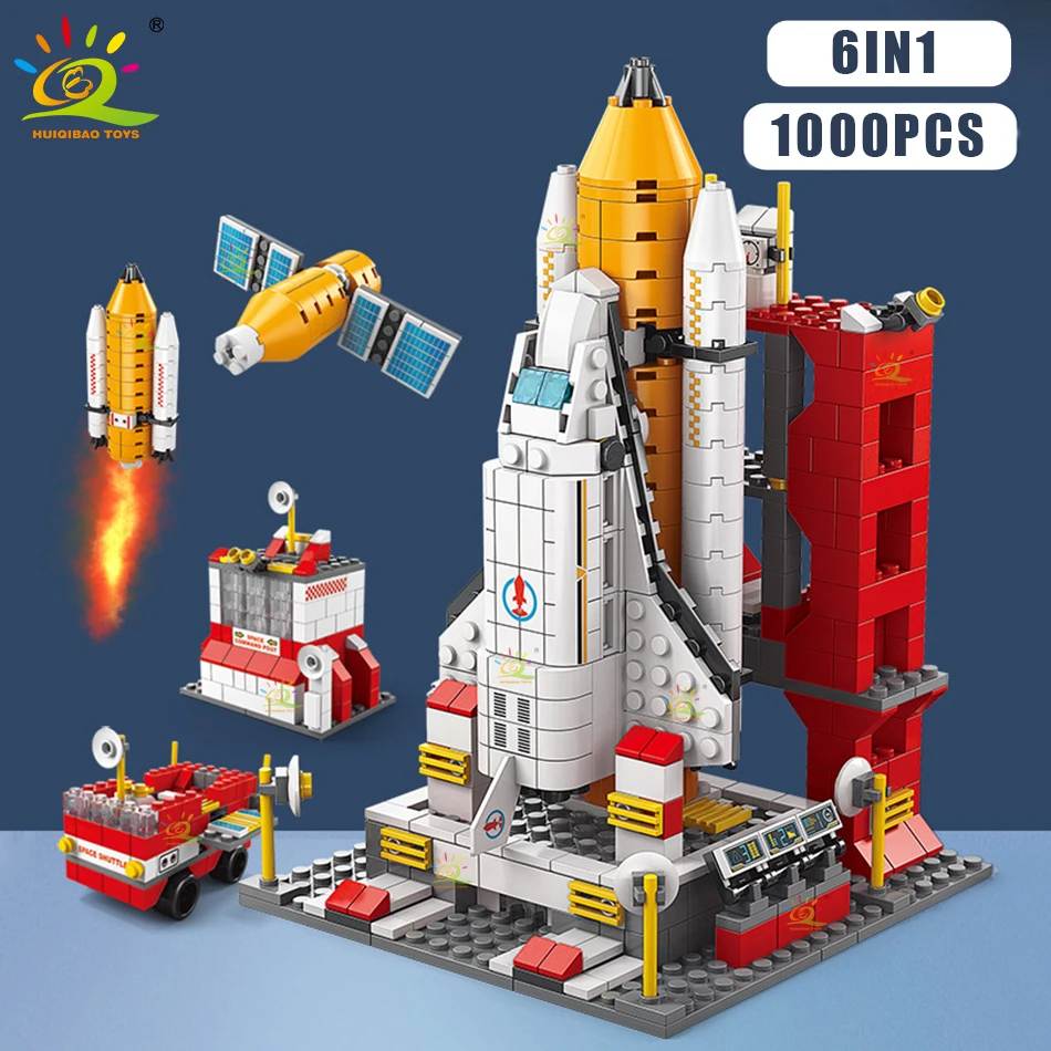 HUIQIBAO 1000pcs 6IN1 Rocket Launch Control Building Blocks Space Rover Shuttle Satellite Capsule City Bricks Toys for Children