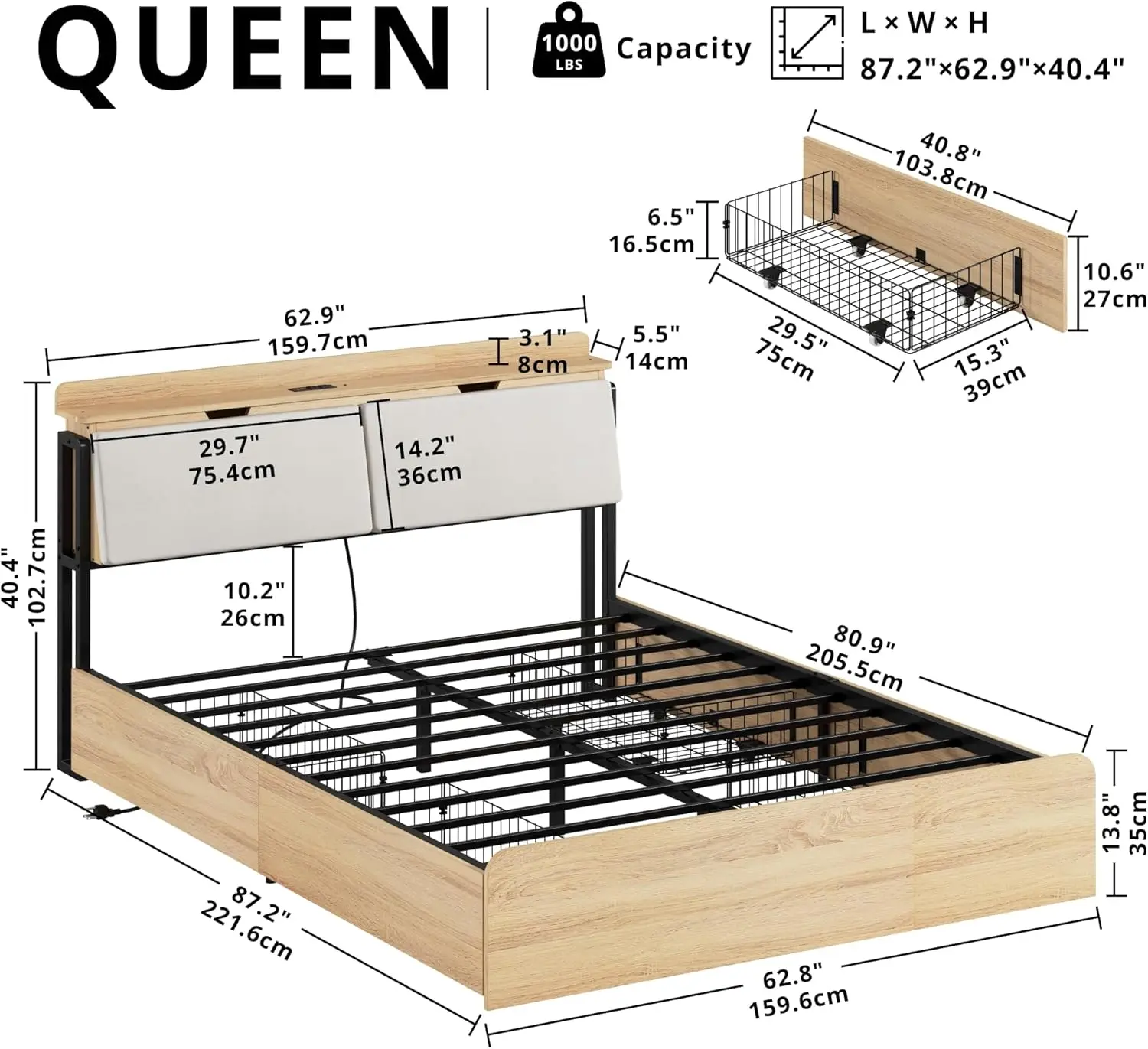 إطارات سرير كوين من LIKIMIO مع لوح رأسي للتخزين المخفي، كاماس كوين مع محطة شحن و4 أدراج، قوي وغير ضوضاء، N #3