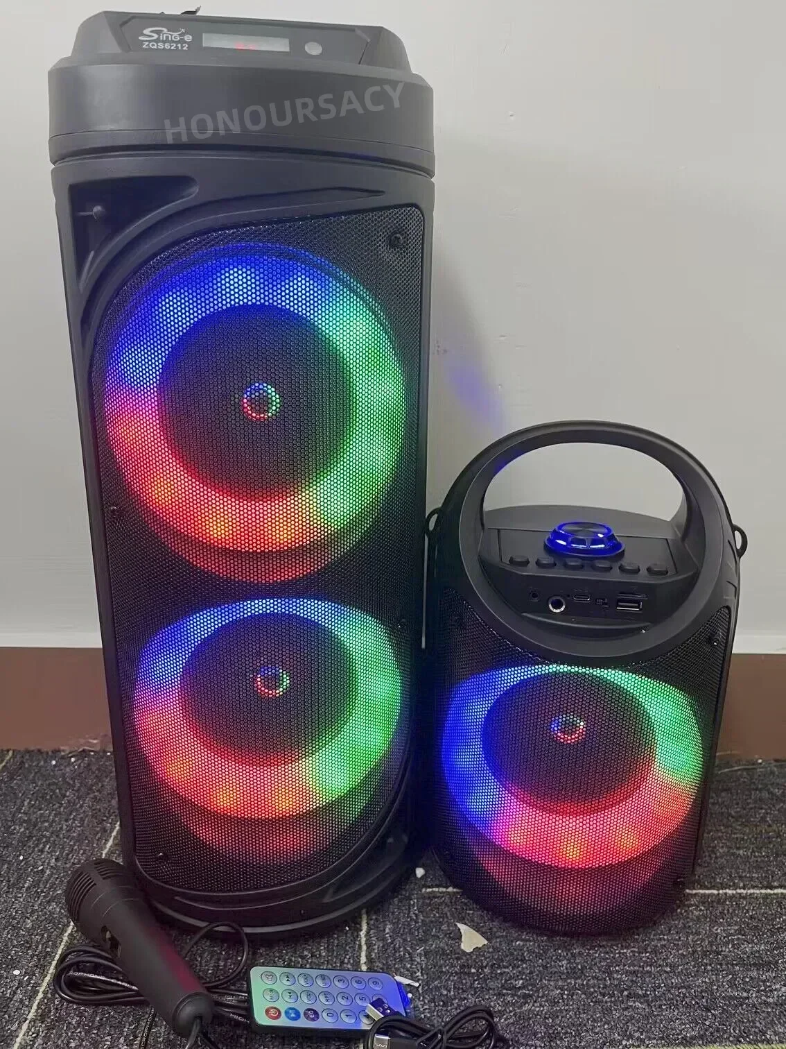 Altoparlanti Bluetooth da ballo quadrato per esterni ad alta potenza da 80 W Subwoofer da tavolo per la casa Altoparlanti K-Song con effetto luce a LED con microfono