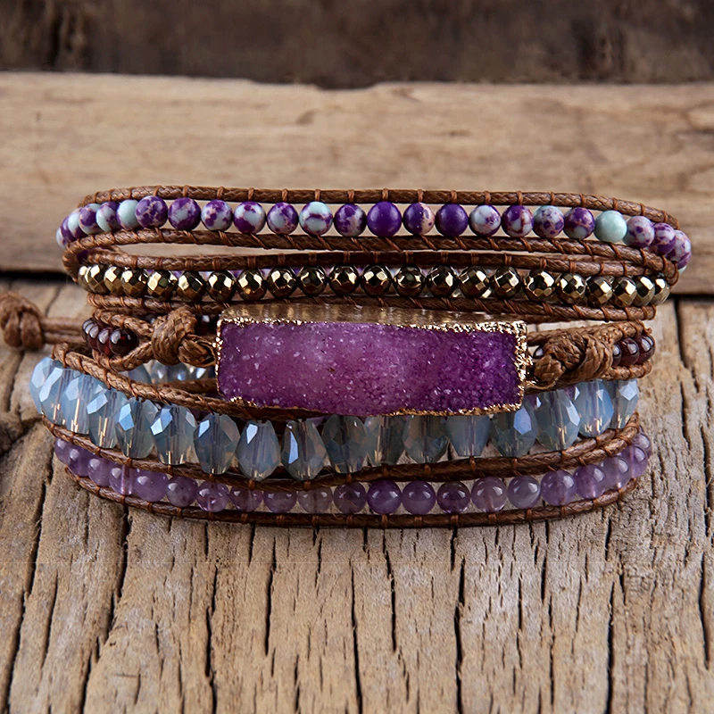 RH Fashion Women Armbander Mixed Beaded Natural Stones Crystal Druzy Charm 5 Strands Wrap Bracelets DropShip