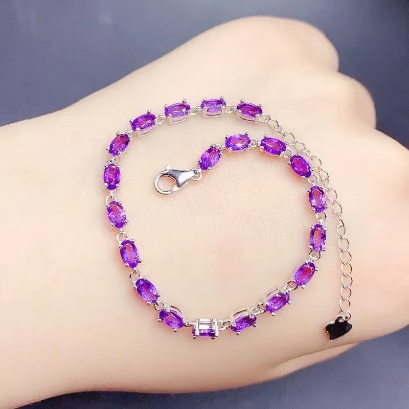 

925 Silver Amethyst Bracelet for Daily Wear Total 5ct 3mm*5mm Natural Amethyst Jewelry Gold Plated Crystal Silver Bracelet