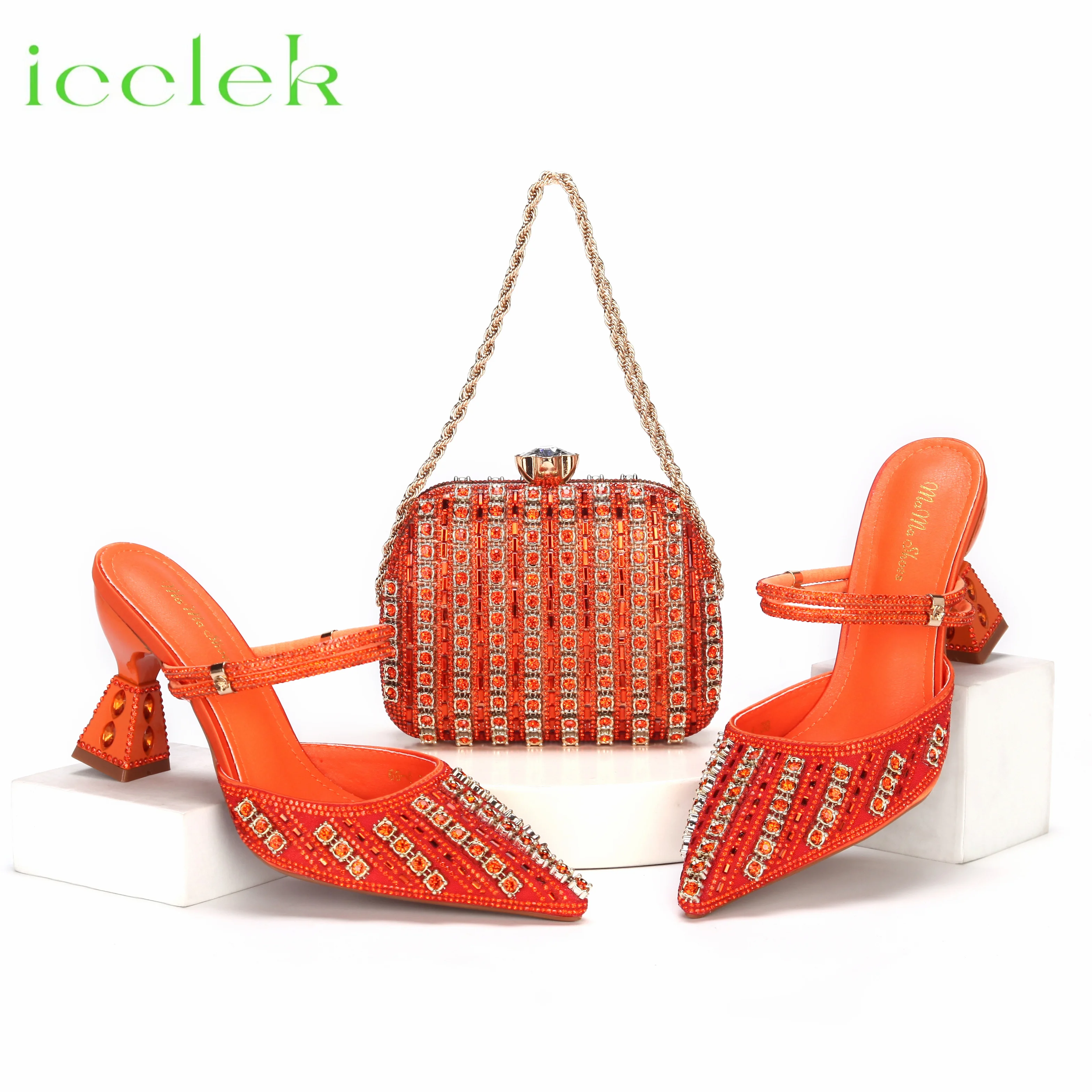 

Роскошные итальянские женские туфли и сумки для вечеринок 2024, элегантные оранжевые весенне-летние сандалии со стразами и острым носком на высоком каблуке