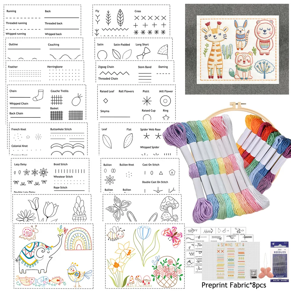 9 Pre-Printed Embroidery Fabric Sheets for Beginners, 86 Creative Basic Stitch Techniques Sewing Kit with Step-By-Step Guide