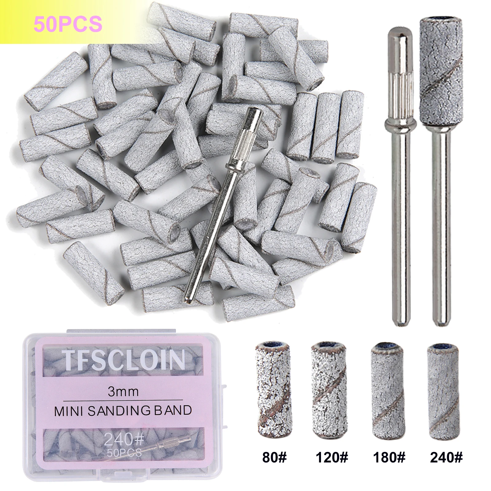 Mini Sanding Bands for Nails-80/120/180/240Grit, 50PCS 3mm Nail Drill Sanding Bands with Mandrel, Professional Nail Buffing Tool