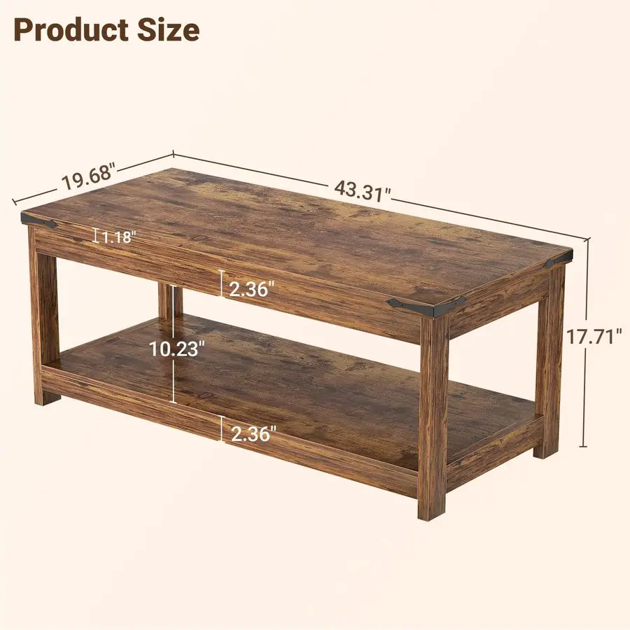 Coffee Table with Storage Shelf, 43.3 Farmhouse Wood Coffee Tables for Living Room, Modern Center Tea Table, Rustic Brown