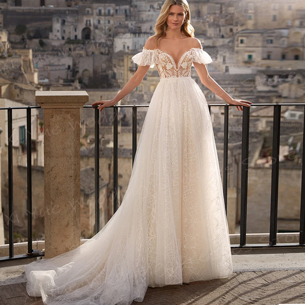 Vestidos de casamento modernos para mulheres, bonitos apliques de renda, vestidos de noiva sexy, fora do ombro