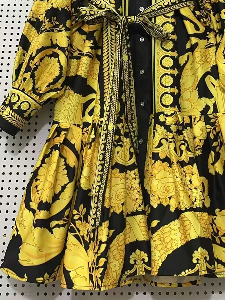 في خريف 2025، فستان قميص ملابس نسائية، فستان خصر مطبوع بمناظر طبيعية قديمة، تنورة منتفخة فضفاضة عصرية