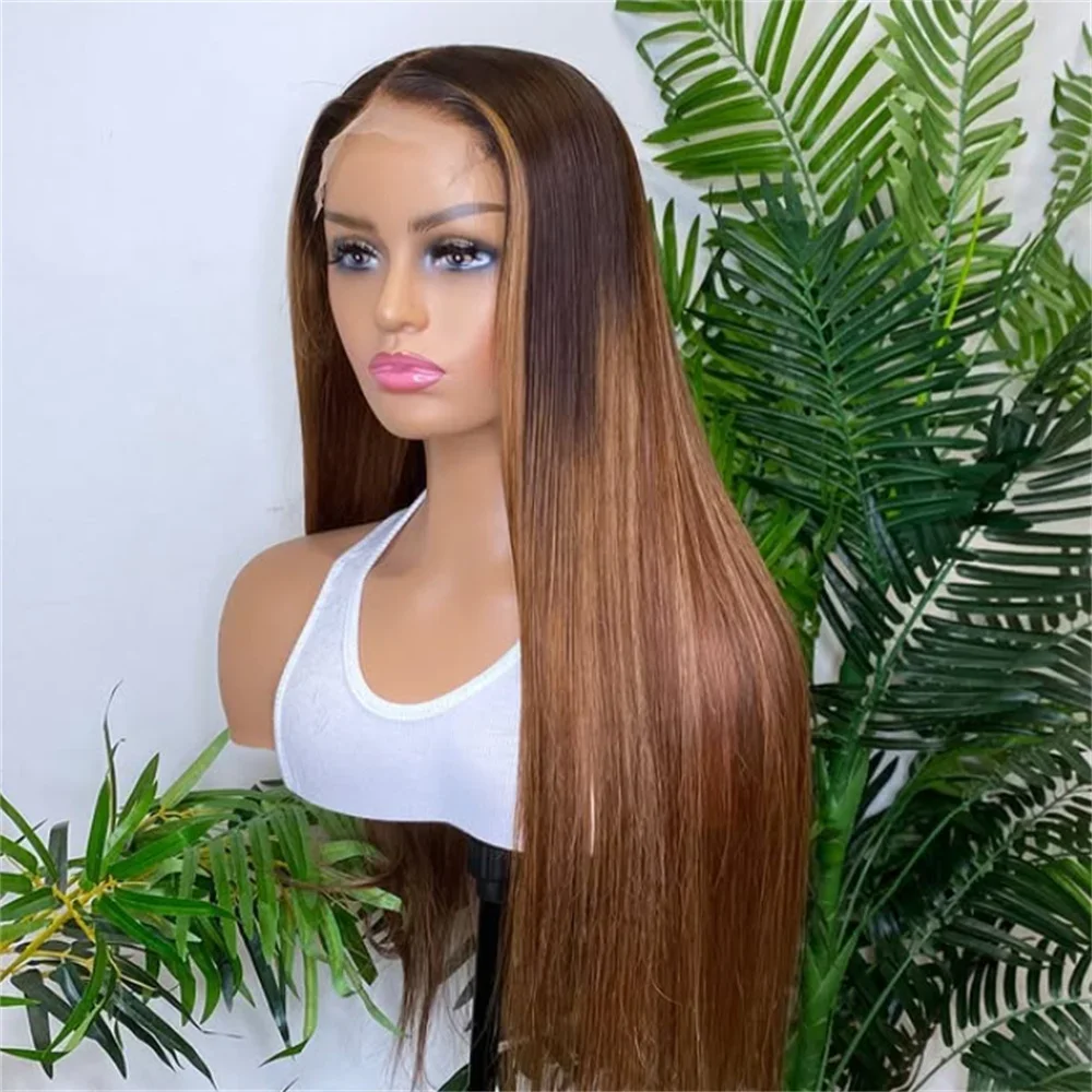 

Предварительно выщипанный бесклеевой парик Ombre Blonde Brown Мягкий 26-дюймовый длинный прямой парик фронта шнурка плотности 180 для чернокожих женщин Детские волосы Натуральная линия волос