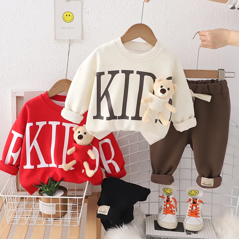 Boys Clothes Set Spring Autumn Children Casual Sweatshirts Coats Pants 2pcs Suit Kids Cute Hanging Bear Hoodie + Trousers Outfit