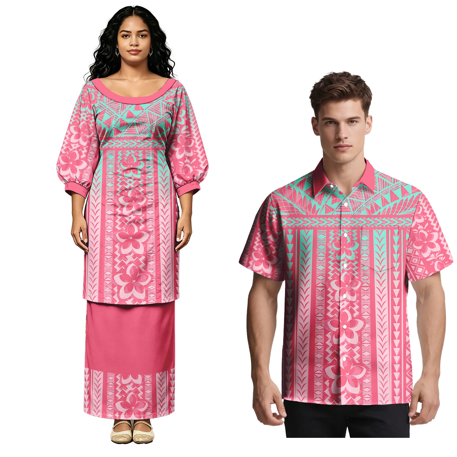 Church Prom Couple Suit Men Aloha Shirts Ladies Midi Sleeve Samoan Puletasi Dress Polynesian Tribal Design Couple Match Outfits