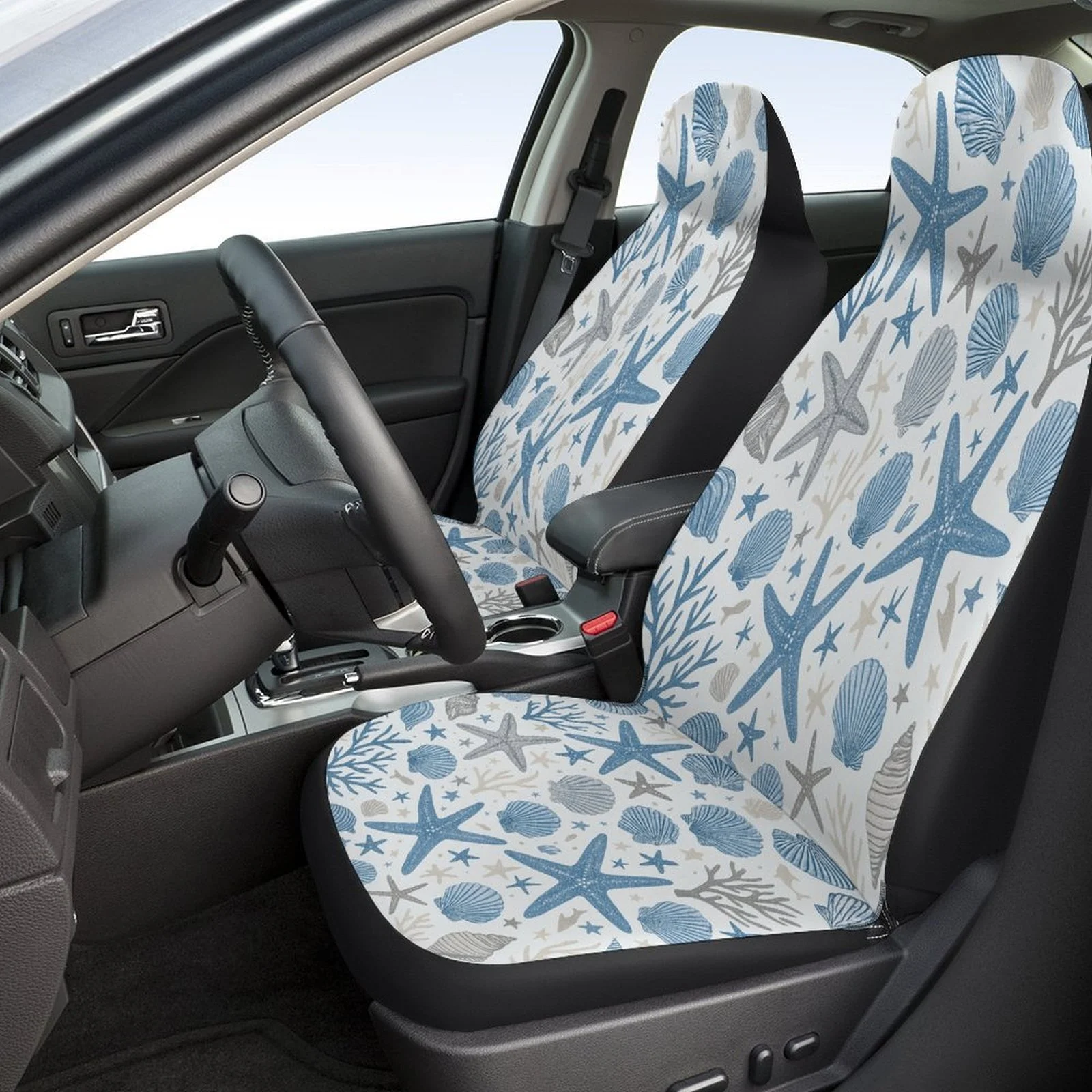Ocean Life Pattern Car Seat Cover Set - Stylish Blue & White Starfish & Seashell Design, High-Quality Polyester, Full Coverage F