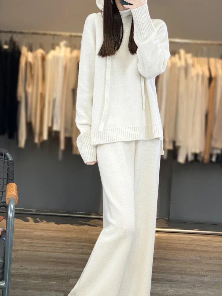 New 100% Australia Wool Set Women\'s Autumn/Winter Loose Casual Knit Hooded Sweater High Waist Wide Leg Pants Fashion Two Piece