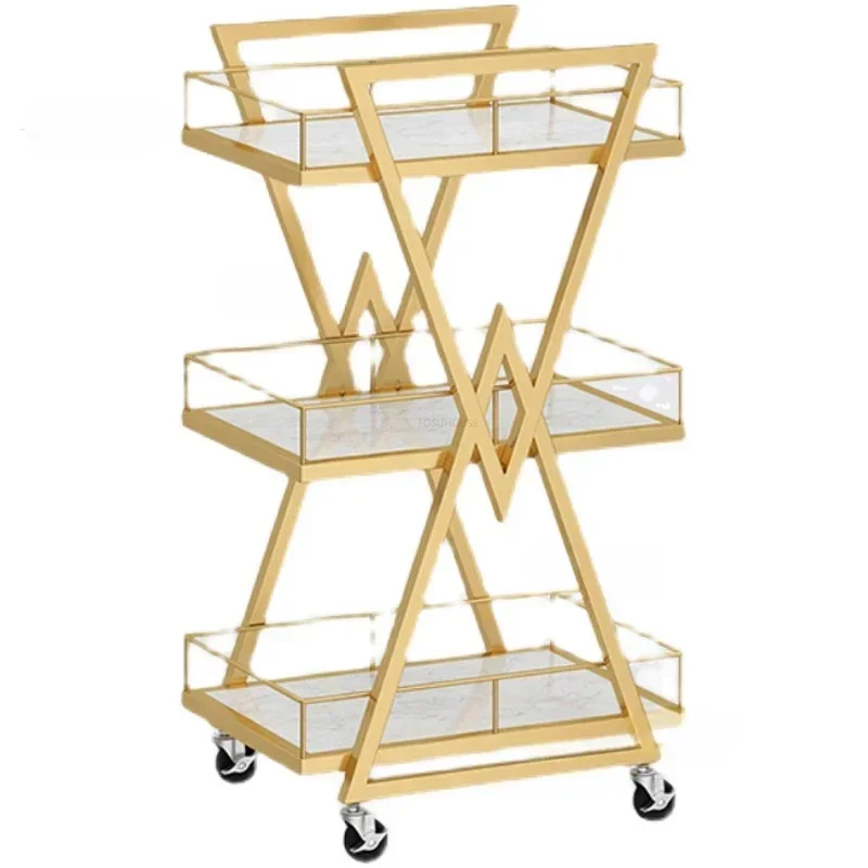 Luxury Golden Beauty Salon Trolley Cart with Wheels Web Celebrity Nail Storage Rack Tool Car Hair Embroidery Auxiliary