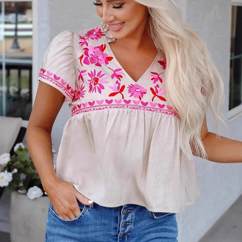 

Loose ort Sve Embroidered irt V-Ne Pullover Spring Summer New Sle n Women's Faion Fingertip Length