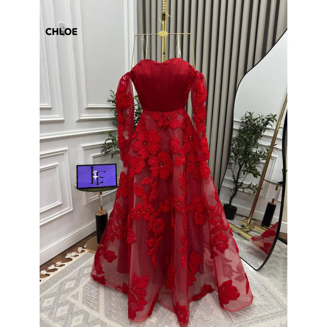 

Line A Long Prom Dresses Luxury 2025 Luxury Evening Dress Customized Red Elegant Dresses Woman 3D Flowers Wedding Party Dress