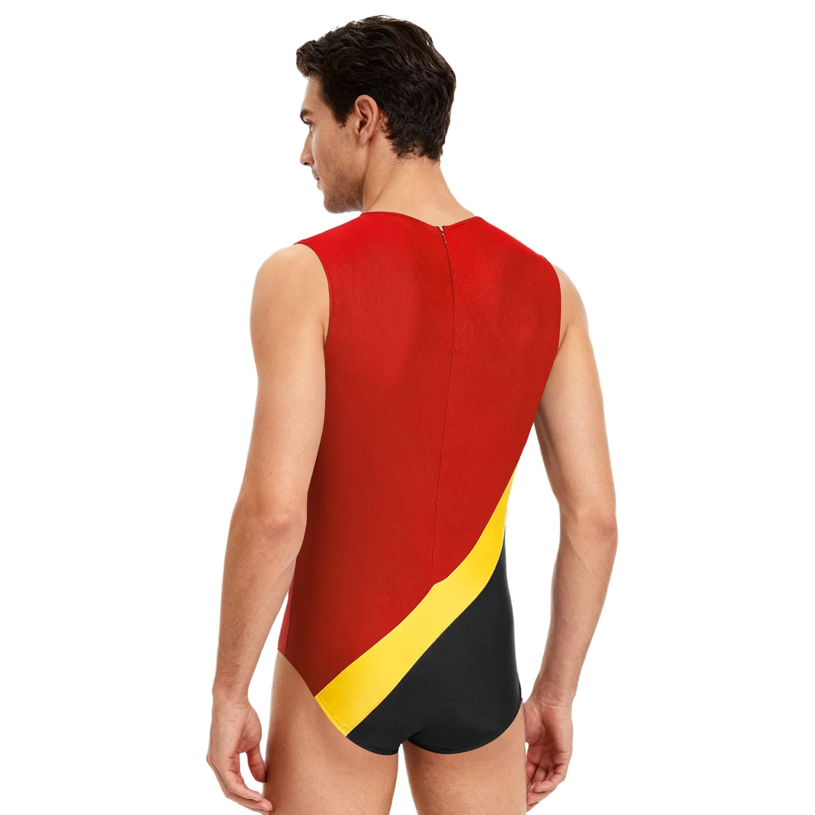 Swimwear Mens Gym Workout Athletic Leotard Jumpsuit Swimsuit Round Neck Back Invisible Zipper Color Block Sports Bodysuit