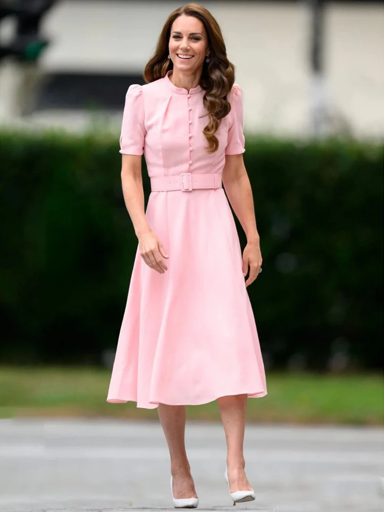 Kate Princess Summer New Women\'s Short Sleeve Pink Dress Fashion Elegant Party Casual Office High Quality Belt Slim Midi Dresses