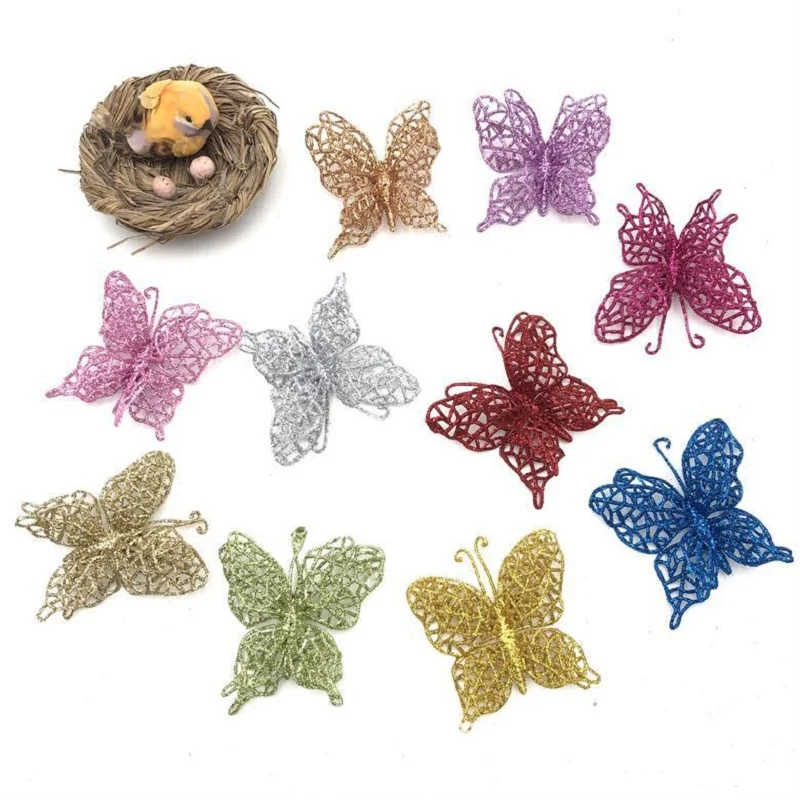 

50pcs 10cm Artificial Glitter Butterfly For Flower Arrangement Wedding Christmas Wreath Tree Party Home Garden Decoration